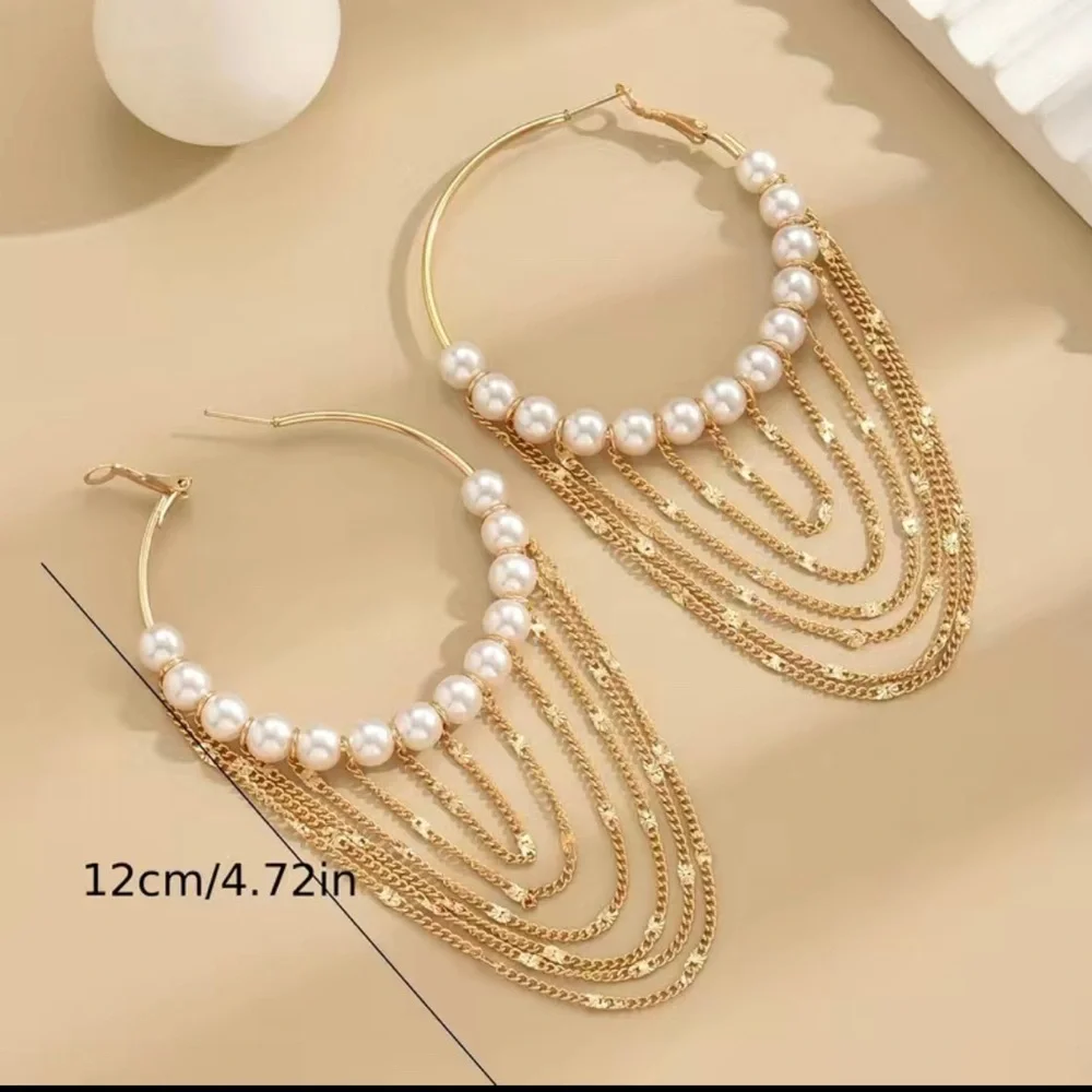 NWT Pearl golden chain hoop earrings NIP